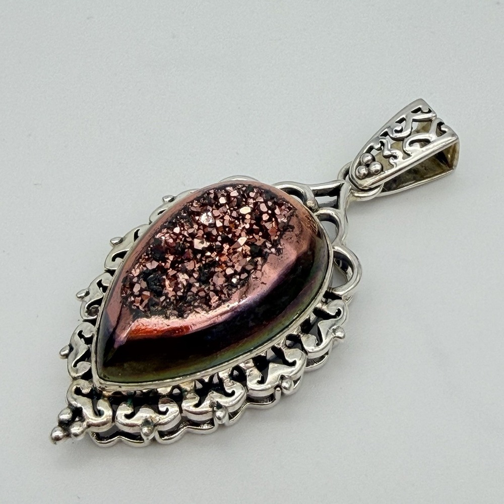 Vtg 925 Sterling Silver Pink Druzy Quartz Pendant 15.9 Signed GS QVC‎ HSN Estate